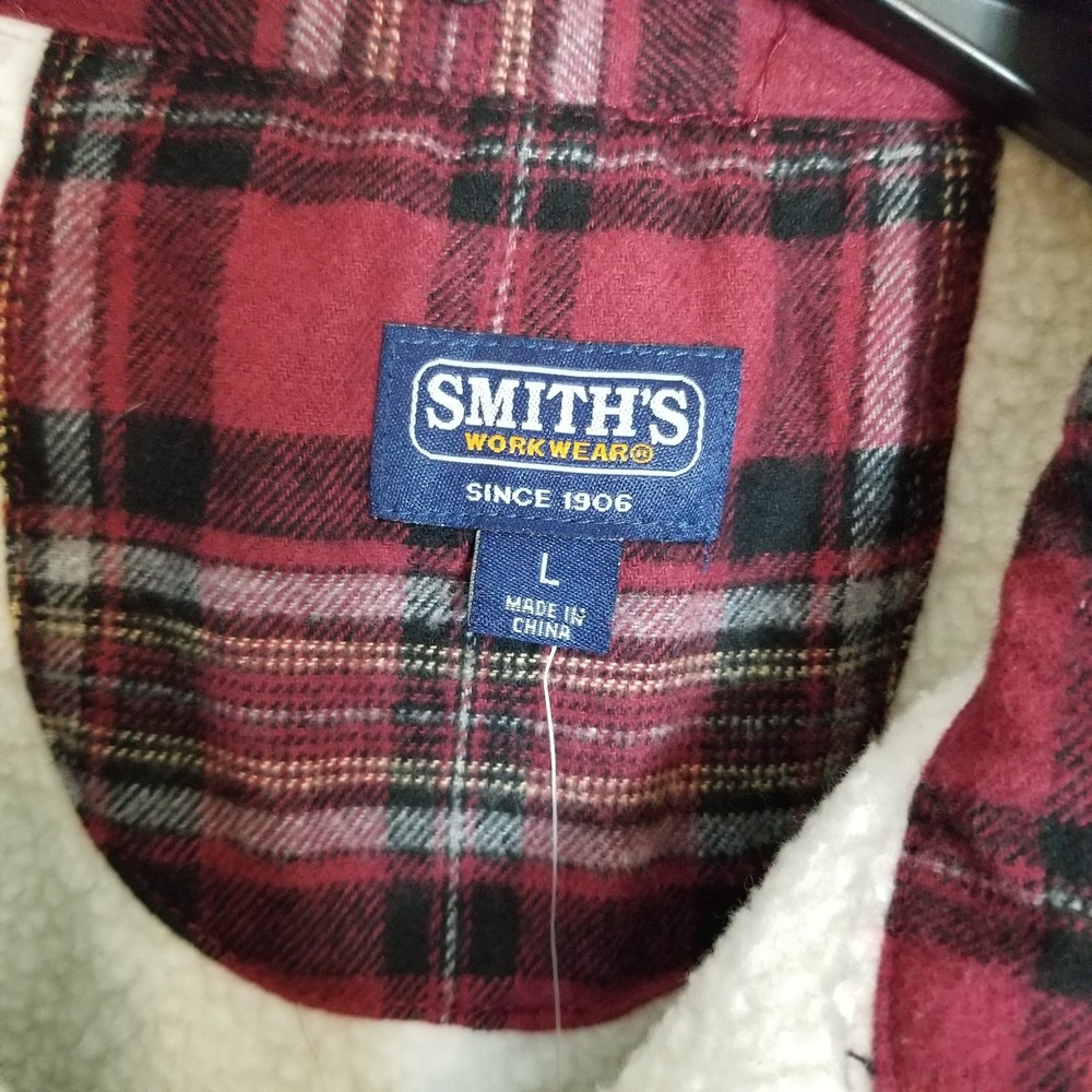 Smith's Workwear Zip-Front Sherpa-Lined‎ Flannel Shirt Jacket Sz L Red Plaid - Picture 6 of 12